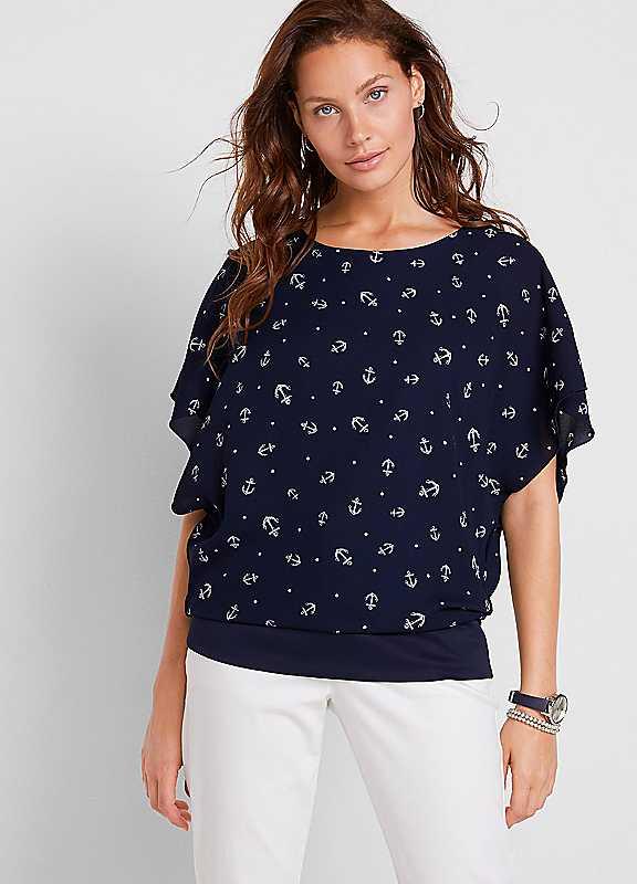 bonprix Georgette Batwing Blouse - Navy Print - Size 18 on Productcaster.