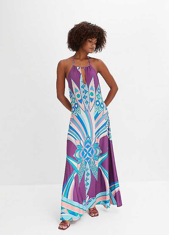 bonprix Halterneck Maxi Dress - Turquoise Print - Size 6/8 on Productcaster.