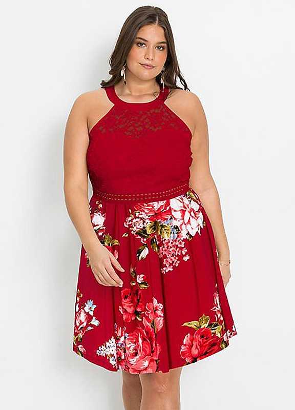 Plus Size bonprix Lace Bodice Floral Dress - Red Floral - Size 24 on Productcaster.