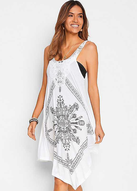 Plus Size bonprix Lace Trim Beach Dress - White Print - Size 26/28 on Productcaster.