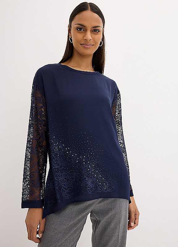 bonprix Net Sleeve Embellished Top - Dark Blue - Size 20 on Productcaster.