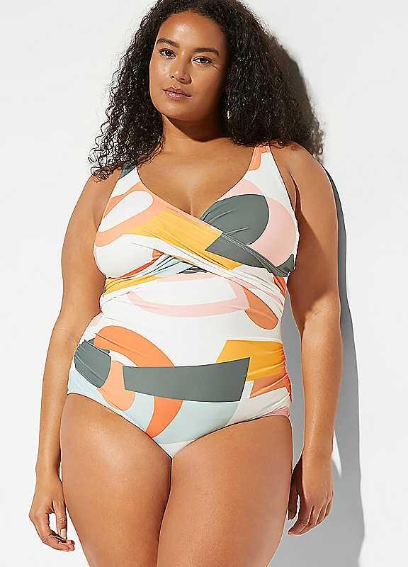 Plus Size bonprix Non Wired Wrap Front Swimsuit - White Print - Size 26 on Productcaster.