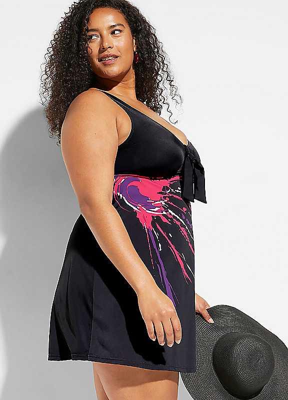 Plus Size bonprix Printed Swim Dress - Black Print - Size 26 on Productcaster.