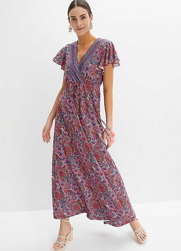 bonprix Printed V-Neck Maxi Dress - Pale Pink Print - Size 22/24/Regular on Productcaster.