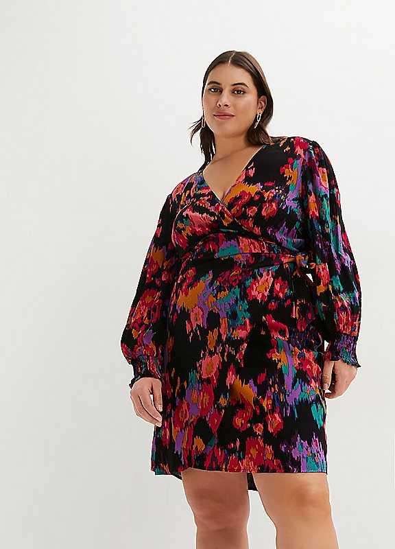 Plus Size bonprix Printed Wrap Dress - Black Multi - Size 26 on Productcaster.