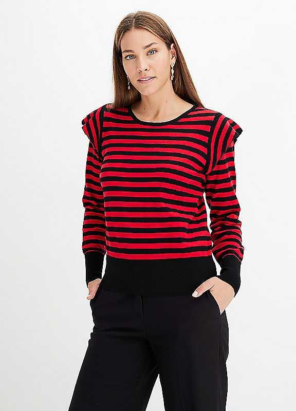 bonprix Ruffle Trim Striped Jumper - Scarlet - Size 14/16 on Productcaster.