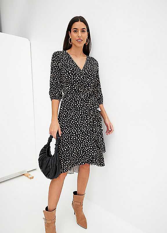 bonprix Short Sleeve Wrap Dress - Black Print - Size 6/8 on Productcaster.