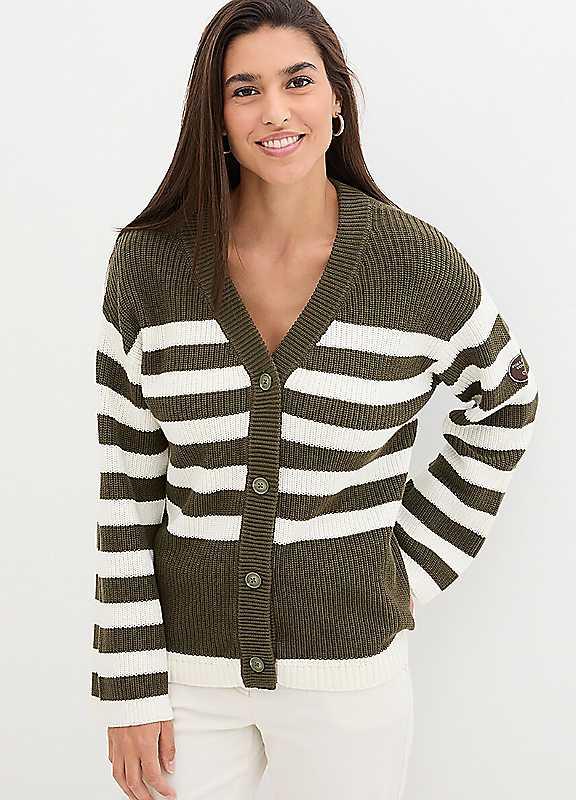 bonprix Striped Cotton Cardigan - Olive/Ivory - Size 18/20 on Productcaster.