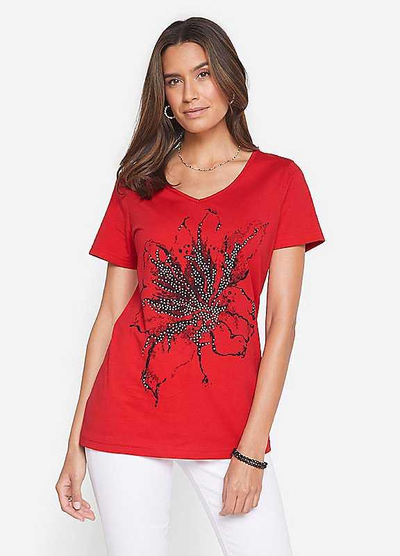 Plus Size bonprix Studded Flower T-Shirt - RED - Size 10/12 on Productcaster.