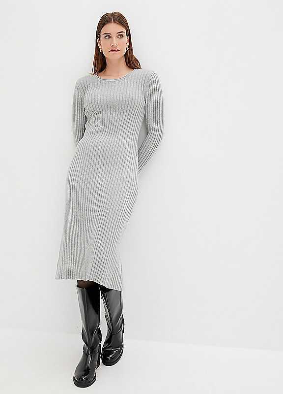 bonprix V-Neck Knitted Dress - Light Grey Marl - Size 30/32 on Productcaster.