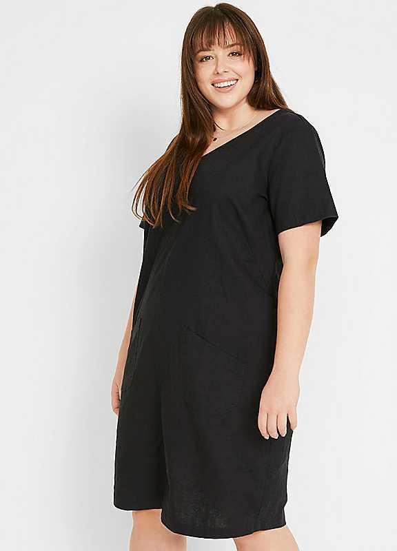 bonprix V-Neck Linen Blend Dress - Black - Size 28 on Productcaster.