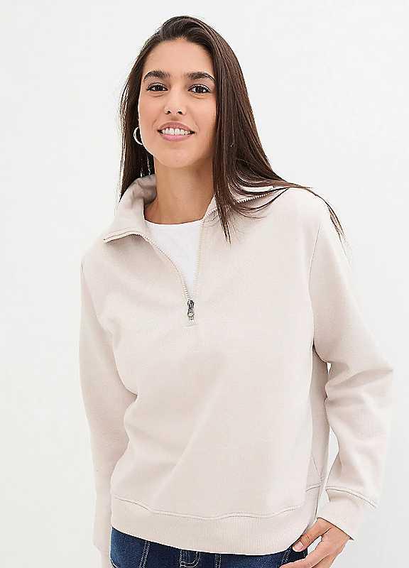 bonprix Zip Collar Sweatshirt - Stone - Size 14/16 on Productcaster.