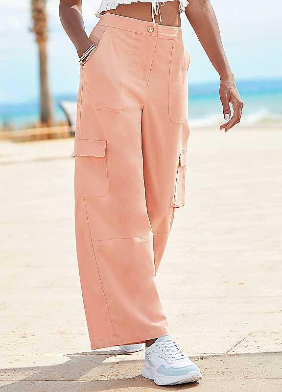 Buffalo Wide Leg Lyocell Cargo Trousers - Peach - Size 14 on Productcaster.