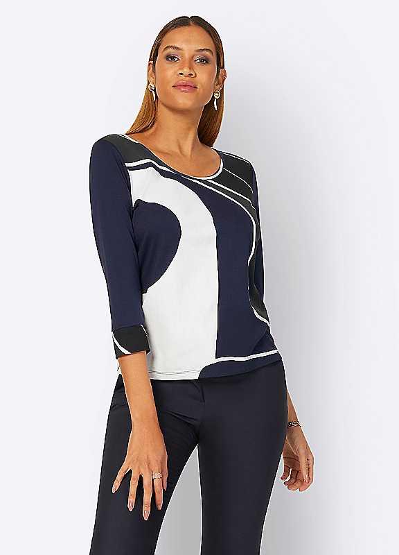 Creation L Colour Block Top - Navy Print - Size 10 on Productcaster.