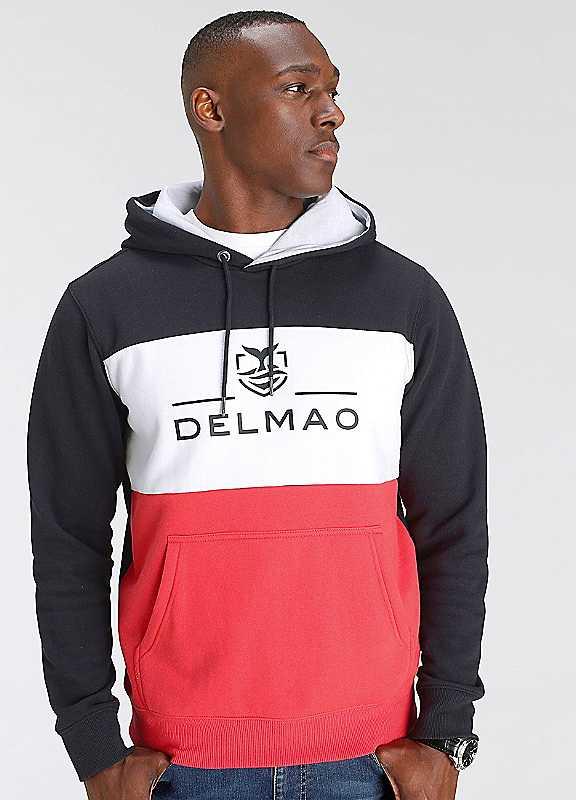 DELMAO Block Stripe Logo Print Hoodie - Dark Blue Multi - Size S on Productcaster.