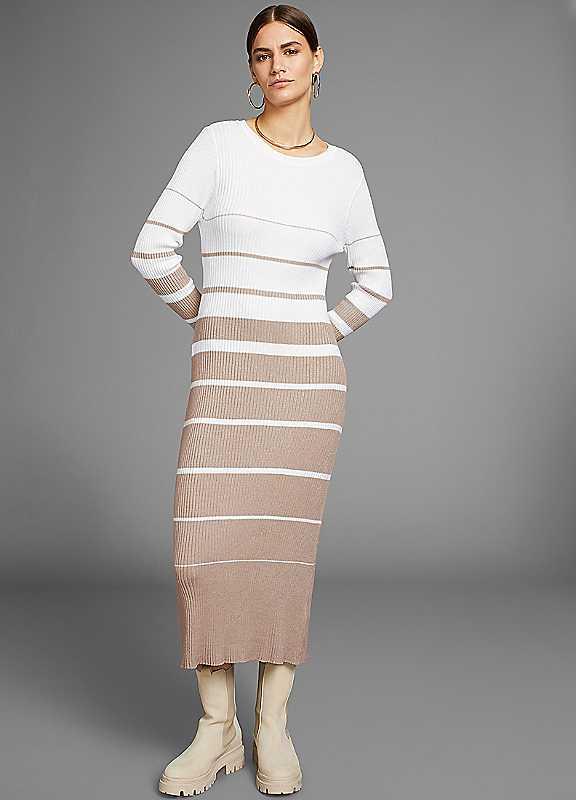 Hechter Paris Knitted Dress - Taupe Stripe - Size 10 on Productcaster.