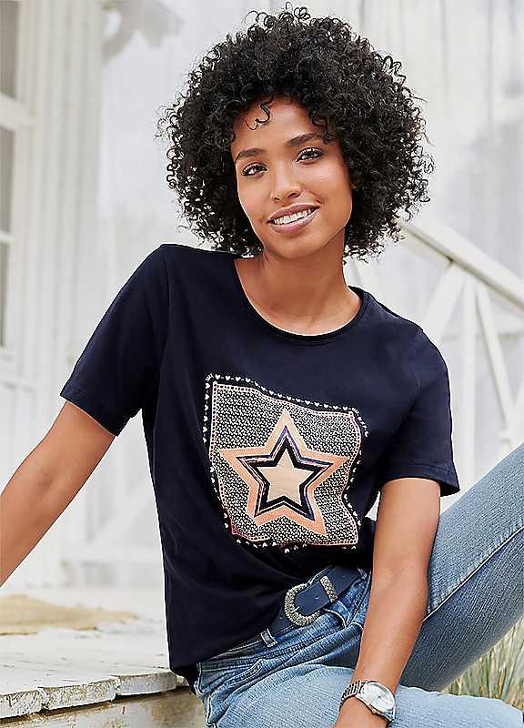 Heine Star Print T-Shirt - Navy Print - Size 18 on Productcaster.