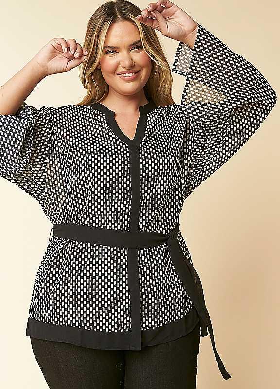 Plus Size Kaleidoscope Geo Mono Waist Tie Shirt - Black - Size 12 on Productcaster.