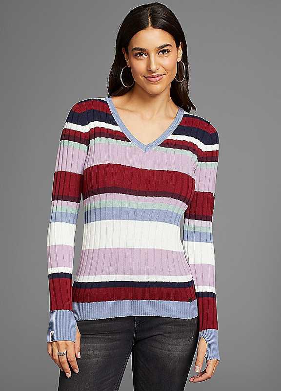 KangaROOS V-Neck Stripe Sweater - Red Stripe - Size 18/20 on Productcaster.