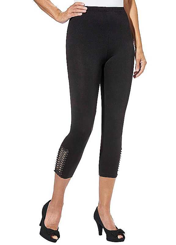 Plus Size Lace Trim Detailed Cropped Leggings - Black - Size 14 on Productcaster.