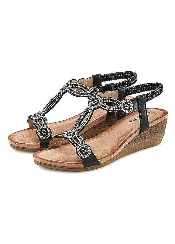 LASCANA Embellished Strap Wedge Sandals - Black - Size 8 on Productcaster.