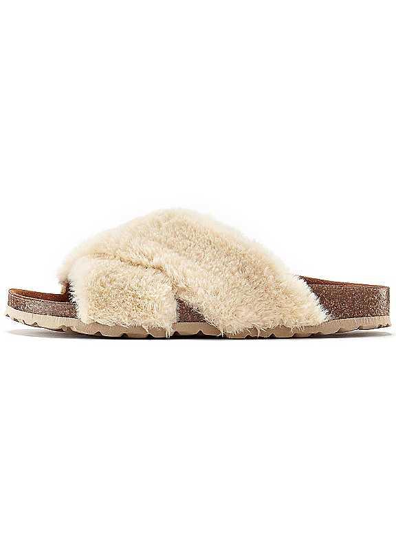 LASCANA Fluffy Cross-Strap Mule Slippers - Beige - Size 4 on Productcaster.