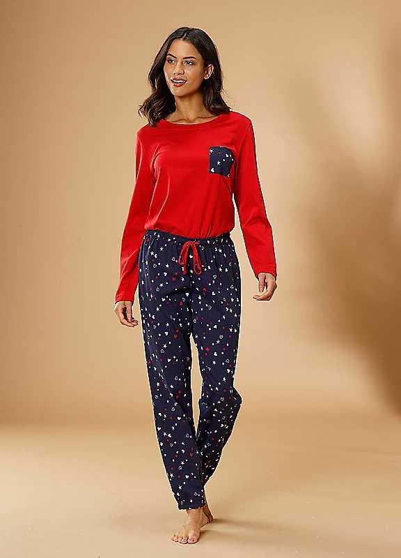 LASCANA Printed Jersey Pyjamas - Navy / Red - Size 26/28 on Productcaster.