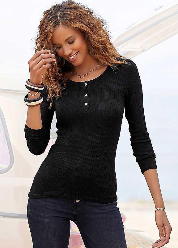 Plus Size LASCANA Ribbed Long Sleeve Top - Black - Size 6/8 on Productcaster.