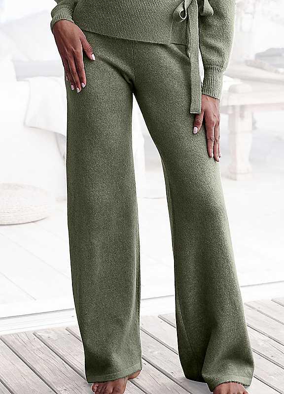 Plus Size LASCANA Wide Leg Knitted Joggers - Green - Size 10/12 on Productcaster.