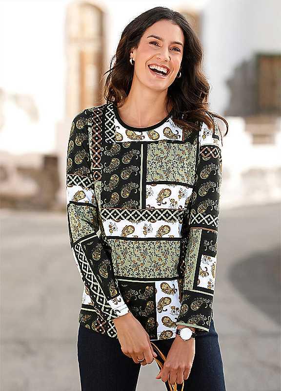 Plus Size Long Sleeve Patchwork Print Top - Olive Print - Size 22 on Productcaster.