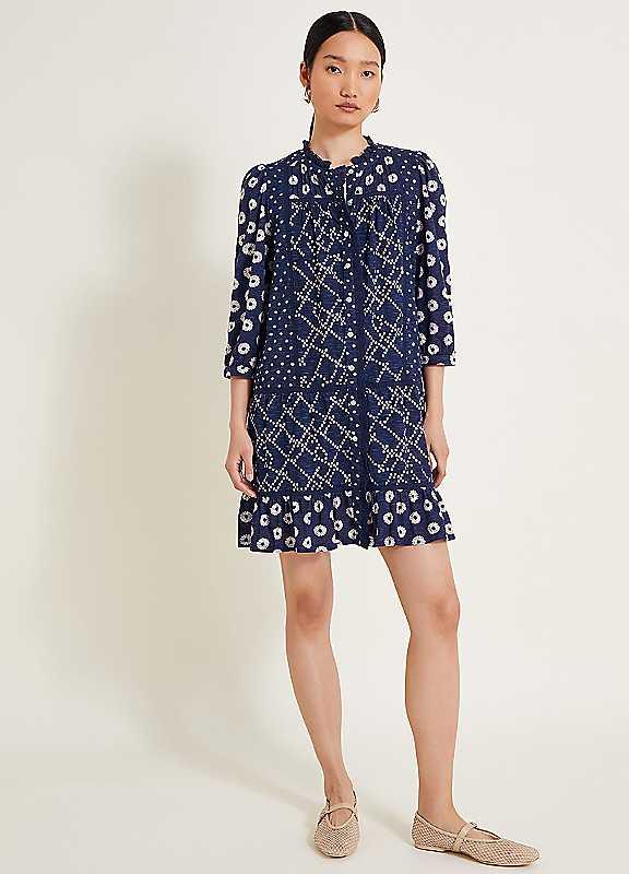 Monsoon Cindy Print Jersey Dress - Blue - Size LARGE on Productcaster.