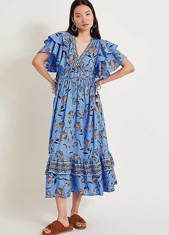 Monsoon Clara Frill Dress - Blue - Size MEDIUM on Productcaster.