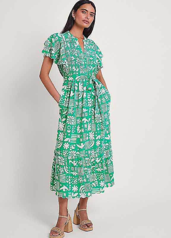 Monsoon Dario Print Dress - Green - Size LARGE on Productcaster.