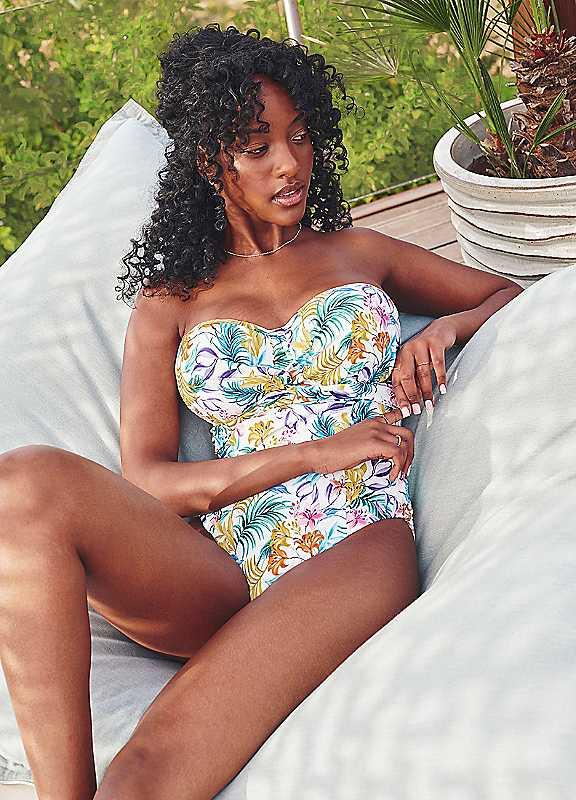 Plus Size Panache Swim Botanical Padded Bandeau Swimsuit - Floral Print - Size 32GG on Productcaster.