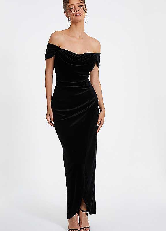 Quiz Black Velvet Bardot Maxi Dress - Size 10 on Productcaster.