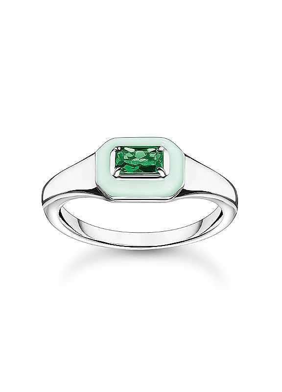 THOMAS SABO Green Stone Silver Ring - Size SMALL on Productcaster.