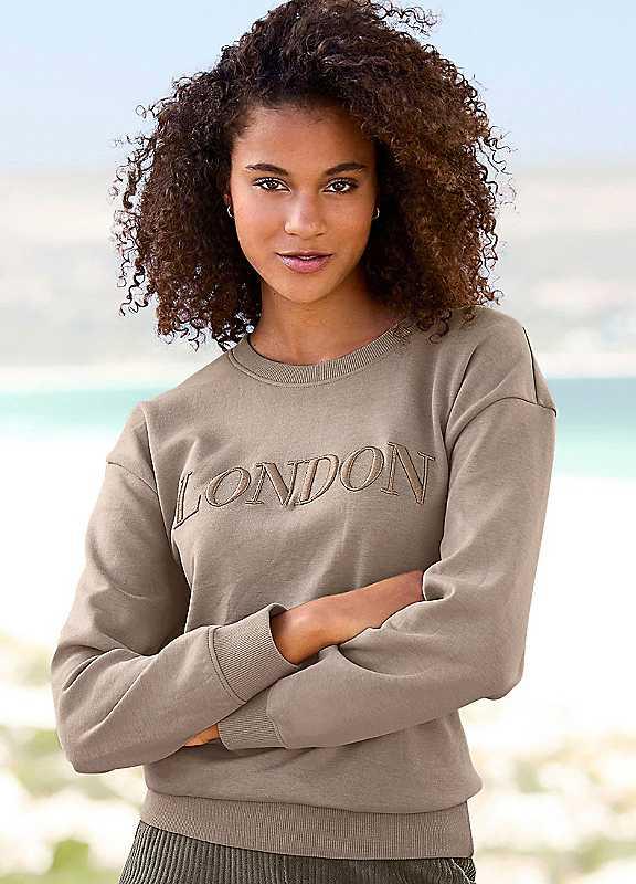 Plus Size Vivance Embroidered Sweatshirt - Taupe - Size 22/24 on Productcaster.