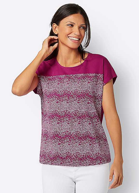 Plus Size Witt Front Print Short Sleeve Top - Magenta Print - Size 14 on Productcaster.