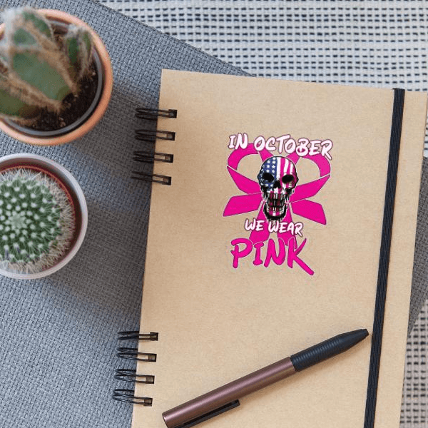 Totenkopf Pink, Pink | Sticker | In October We Wear Pink - Brustkrebs Totenkopf on Productcaster.