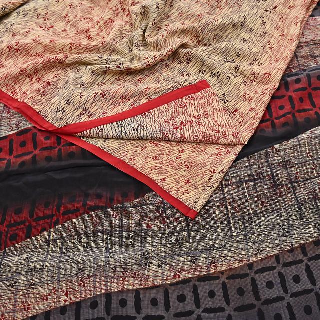 Indischer Vintage-Sari, beige & mehrfarbig, aus reiner Crêpe-Seide, bedruckt, 6 Yards (ca. 5,5 m), zum Nähen, für Bastelarbeiten, Wickeln, Quilten und on Productcaster.