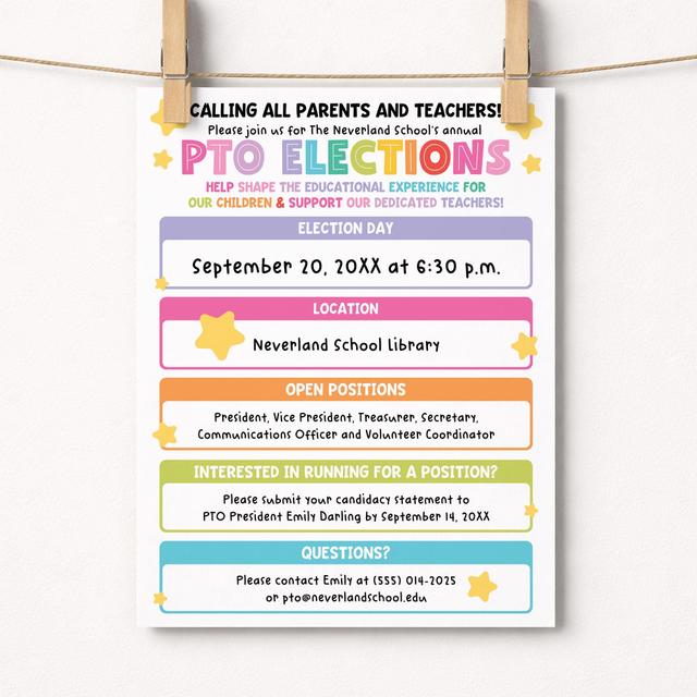 PTO/PTA-Wahlflyer-Vorlage (Canva), bearbeitbare Bekanntmachung zur Wahl von Schulfunktionären für Eltern, Lehrer und Freiwilligenkoordinatoren, digita on Productcaster.