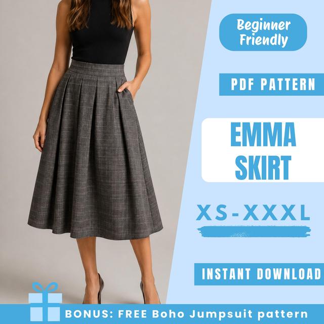 Emma Rock Schnittmuster (PDF) | Plissierter Midirock | A-Linien-Rock mit hohem Bund | Einfaches Anfänger-Schnittmuster | Damen-Schnittmuster on Productcaster.