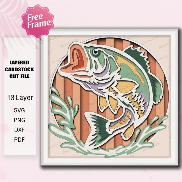 Bass Fish Shadow Box, Angeln Bass Shadow Box Decor, Angler Geschenk Wandkunst, Springender Fisch Papierschnitt Rahmen, See Angeln Geschenkidee / L54 on Productcaster.