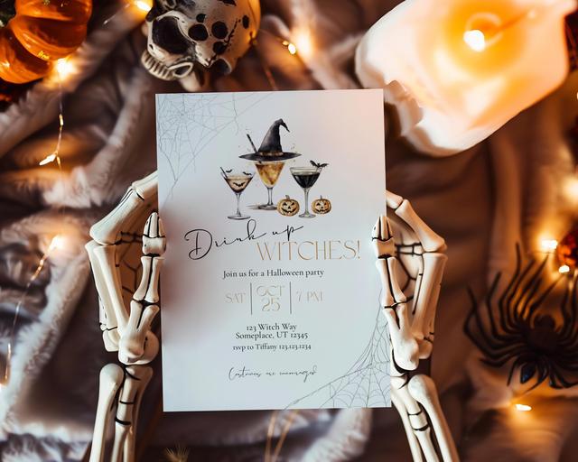 Zaproszenie na imprezę halloweenową „Drink Up Witches" | Pobierz natychmiast | Szablon do edycji on Productcaster.