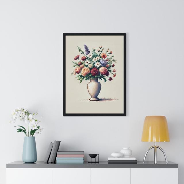 Vintage ingelijste poster met bloemenpixelart, elegant boeket on Productcaster.