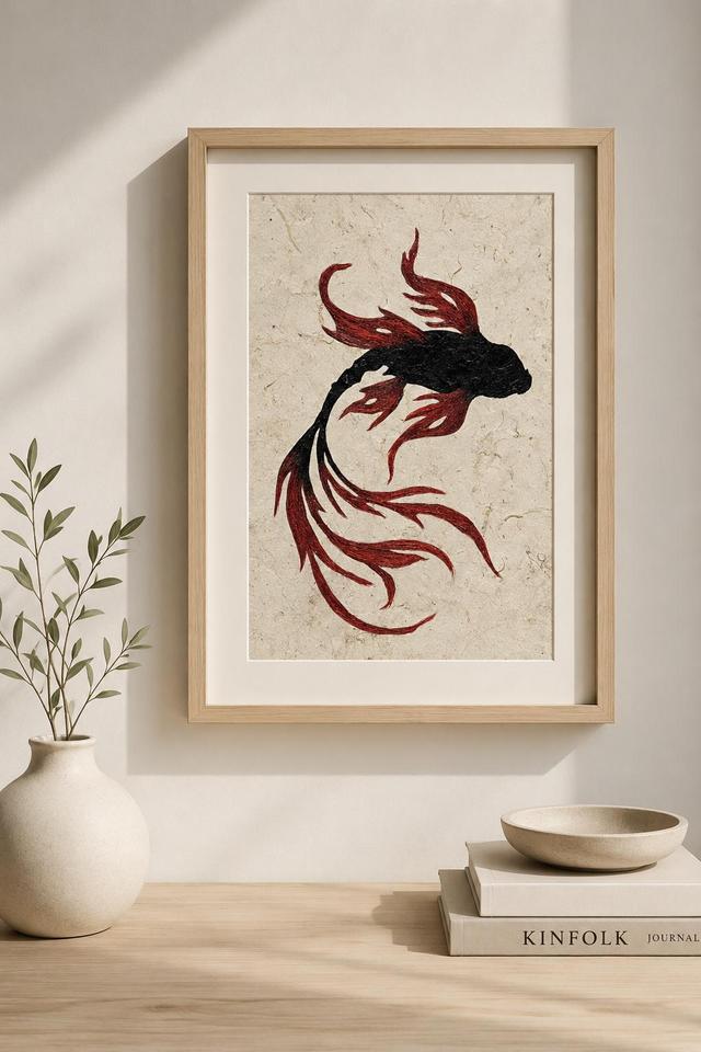 Japanische Betta Fisch Kunstdruck, minimalistisches rot schwarz Zen Dekor (Digitaler Download) on Productcaster.