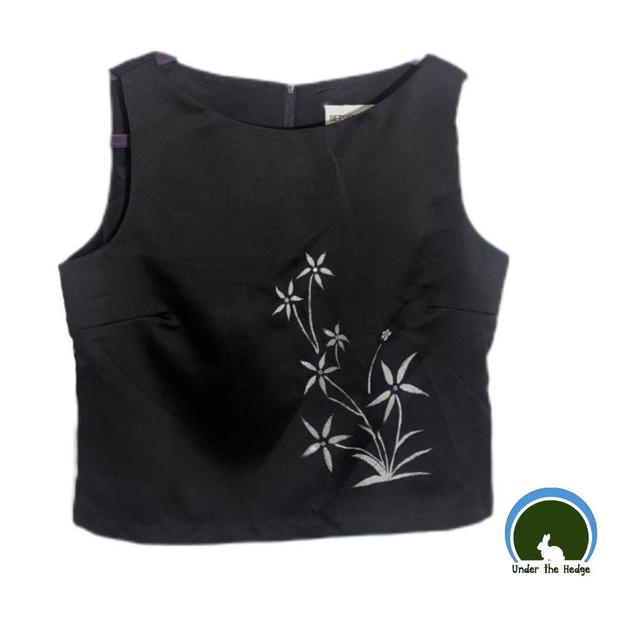 Vintage 80er Jahre Betsy's Things Schwarzes Strass-Blumen-Crop-Top mit U-Boot-Ausschnitt - Damengröße 10 - Verspielter Gothic-Glamour, elegant für bes on Productcaster.