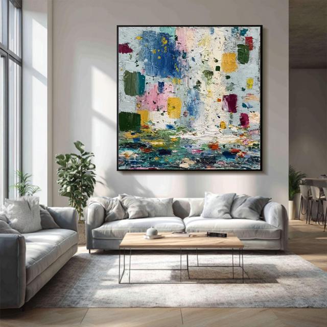 Zwaar textuur Paletmes Abstract olieverfschilderij Kleurrijk geometrisch vierkant canvas Wall Art Decor on Productcaster.