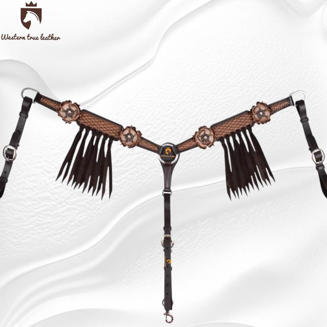 Handgefertigtes Western-Pferdegeschirr-Set aus Leder | Passender Vorderzeug mit punziertem Blumenmuster. on Productcaster.