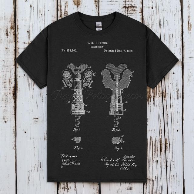 T-Shirt mit Korkenzieher-Patent, Vintage-Weinöffner-Grafik, C.H. Hudson 1886 Antikes Barzubehör-Shirt, Geschenk für Sommeliers und Winzer on Productcaster.